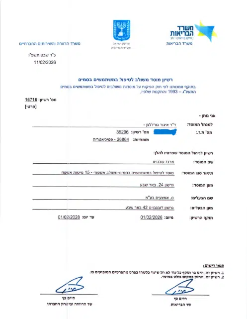 רישיון מוסד משולב לטיפול במשתמשים בסמים מספר 16716 מטעם משרד הבריאות ומשרד הרווחה — מרכז גמילה שבטיא